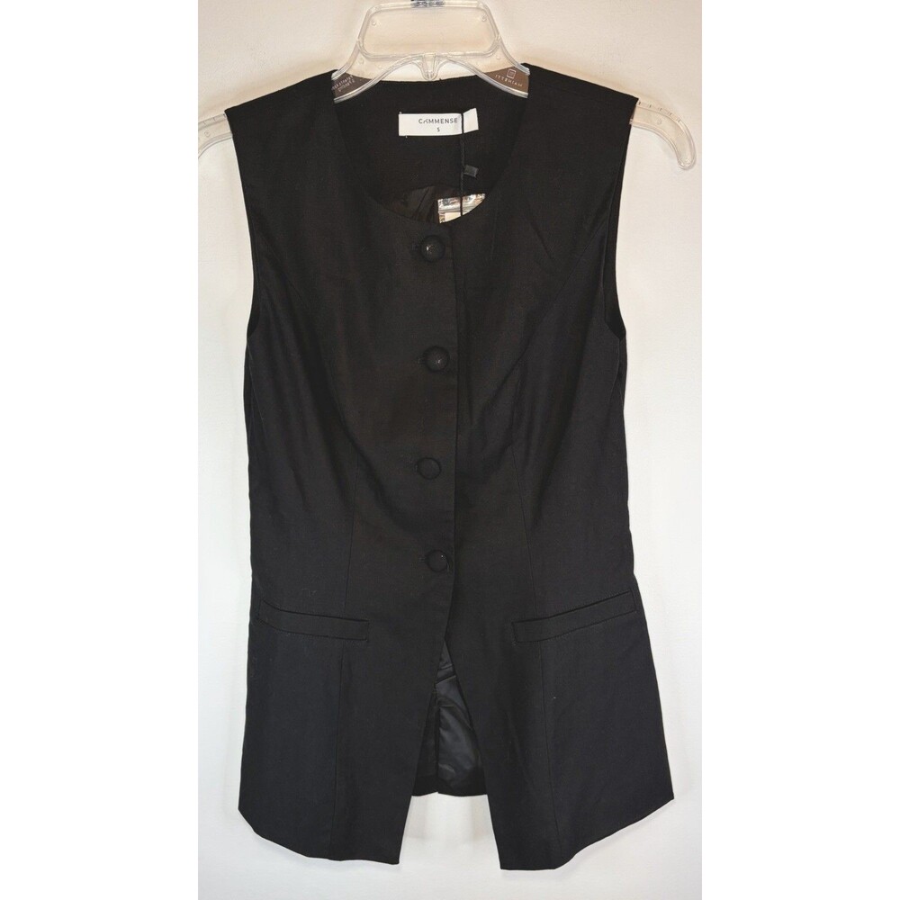 COMMENSE Black Button Front Tailored Vest Small Sleeveless Lined Tunic Length